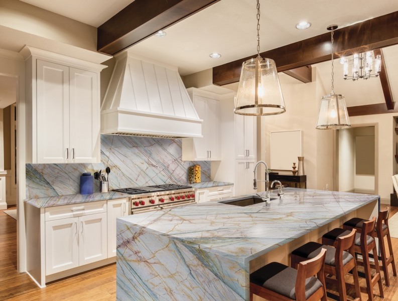 Aurora Borealis Quartzite Countertops and Backsplash Installed in Kitchen