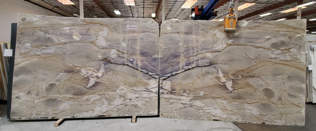 adjacent bookmatched slabs of blue portfior quartzite