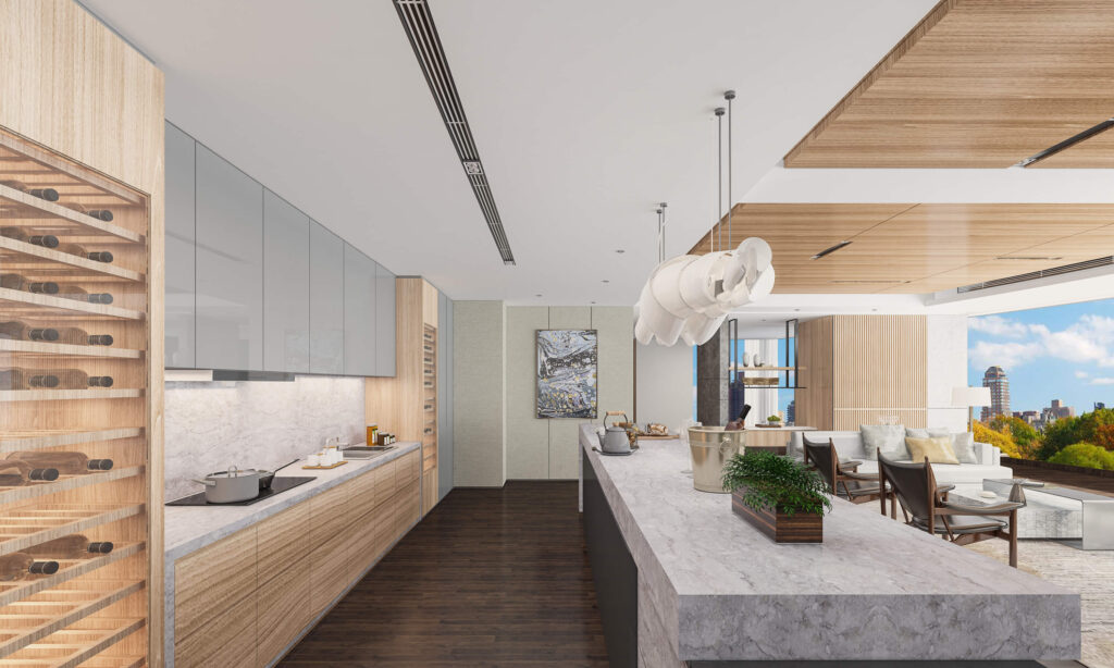 rendering of kitchen with pental quartz stonington on the countertops