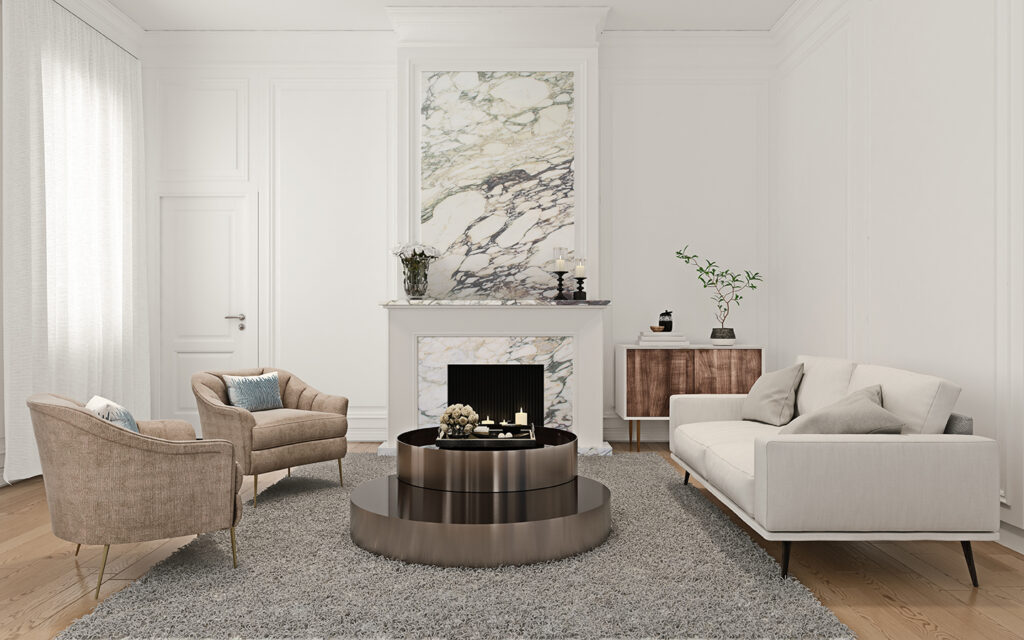 calcatta monet marble rendered on living room fireplace
