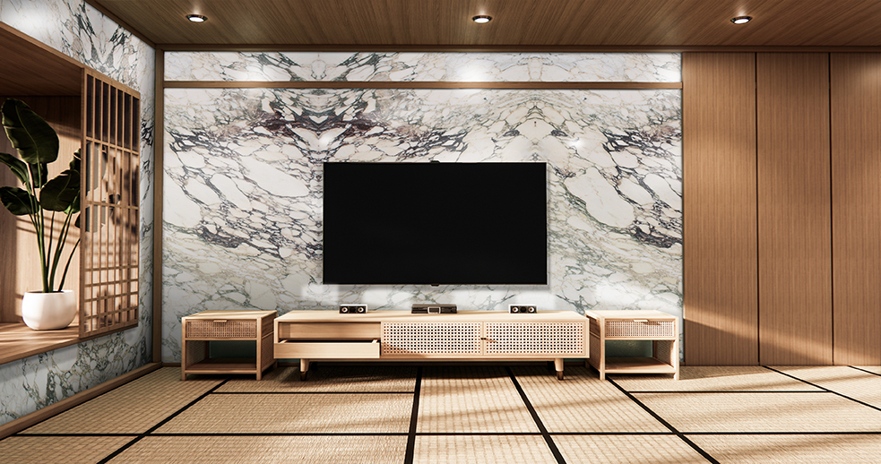 rendering of japanese-style room with calacatta monet marble