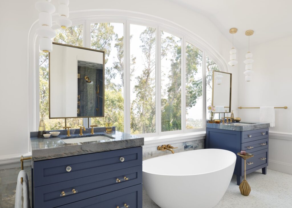 double bathroom vanities installed with Azul Macauba Quartzite