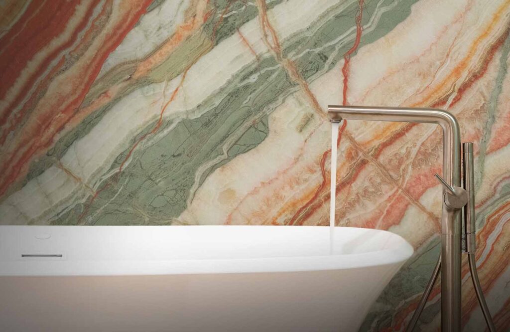 Van Gogh Onyx wall surround to bathtub in bathroom