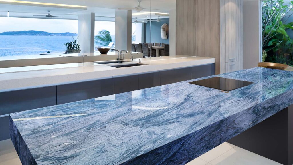 Azul do marble blue granite shown as kitchen island counter.