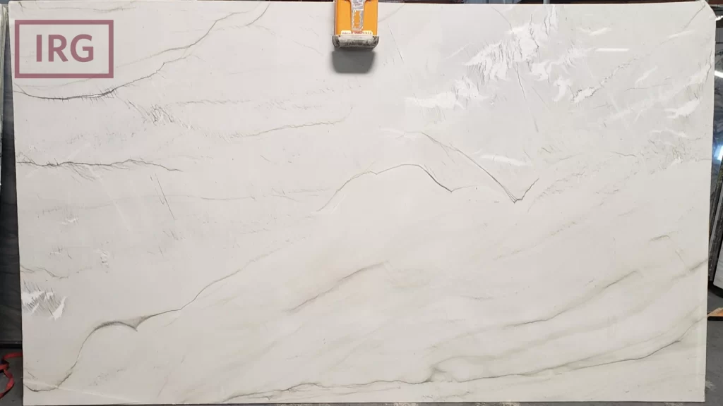 Mont Blanc quartzite countertop from IRG in the Bay Area and Sacramento, featuring a gray and beige background with dark and light veining, adding sophistication to kitchens and bathrooms