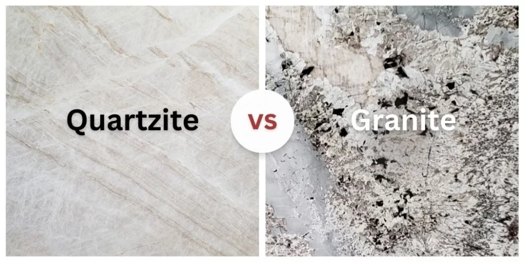 Side-by-side comparison of Quartzite vs. Granite, highlighting the differences in texture and appearance between the two natural stones