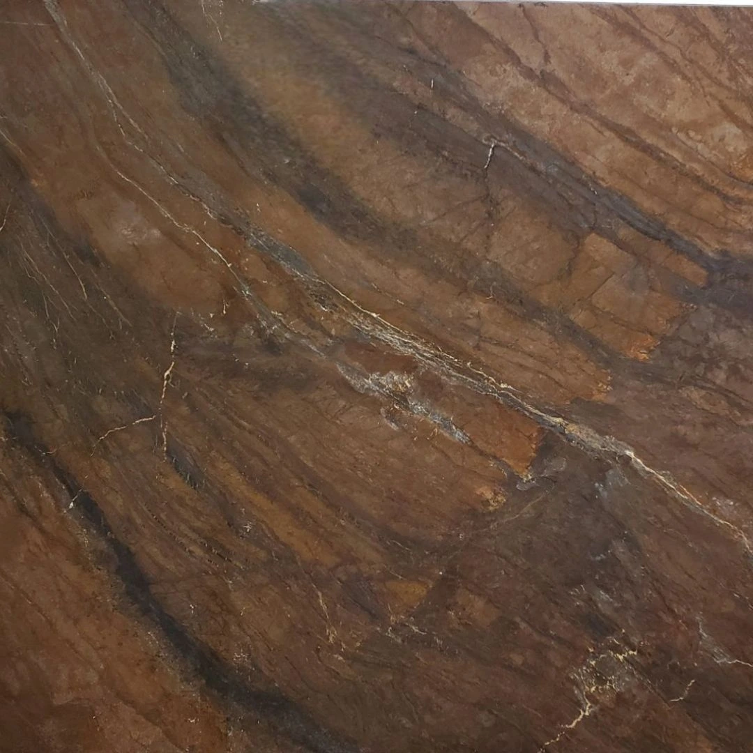 Bronzita Satin quartzite slab with rich bronze and earthy brown tones, ideal for cozy kitchen countertops and warm accent walls